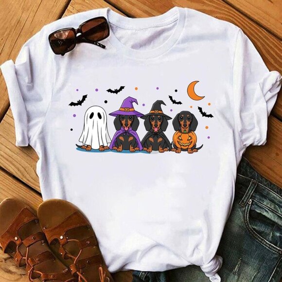 Tops - Halloween Dachshund Shirt, Dachshund Halloween Pumpkin Witch Ghost Tshirt
